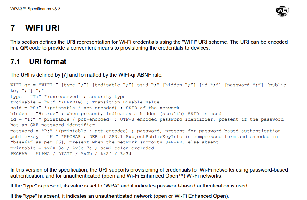 Screenshot der WPA3 Spezifikation Seite 25 Section 7 "WIFI URI"